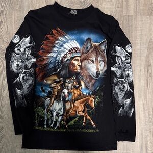 Classic Black Long Sleeve Tee with Native American and Wolf Design